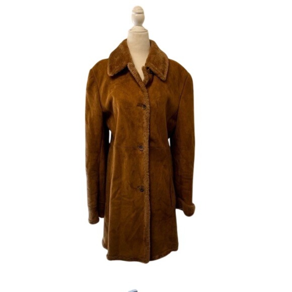 Searle Brown Suede Shearling Fur Lined Button Front Coat Jacket Womens Size‎ 8